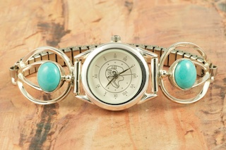Genuine Turquoise in Sterling Silver Watch Tips. Beautiful Ladies Watch with Expandable Band. Created by Navajo Artist Bobby Becenti.